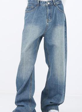 Voguo Relay 原创新品韩版宽松直筒纯色蓝色百搭牛仔裤 男女同款