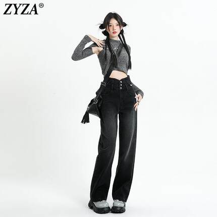 ZYZA高腰阔腿牛仔长裤女2024秋冬黑色直筒显瘦宽松春冬款加绒裤子
