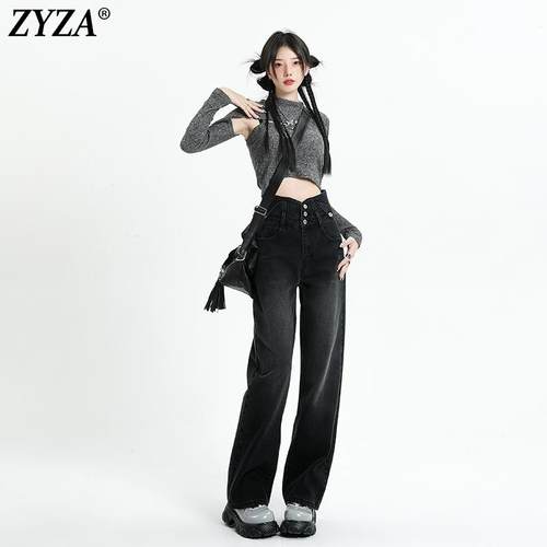 ZYZA高腰阔腿牛仔长裤女2024秋冬黑色直筒显瘦宽松春冬款加绒裤子