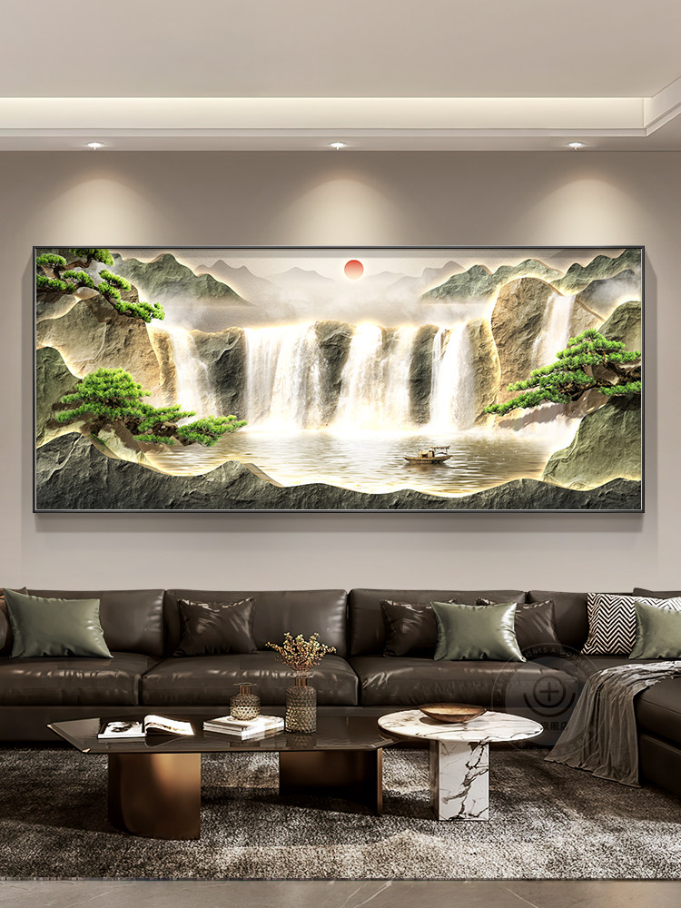 流水生财山水画客厅挂画新中式聚宝盆壁画大气沙发背景墙装饰画