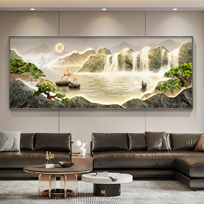 流水生财客厅装饰画轻奢高级感大气沙发背景墙挂画2025新款山水画