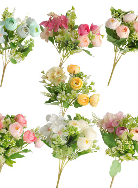 仿真5叉茶玫绣球花束摆件