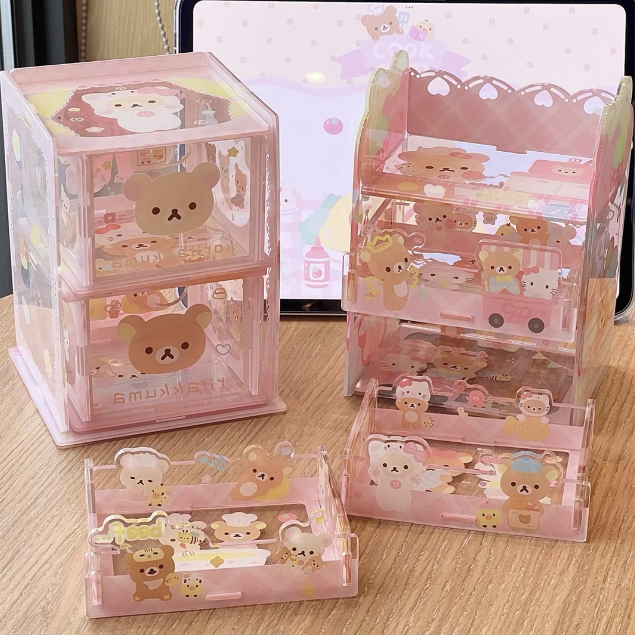 可爱轻松熊亚克力收纳盒卡通熊多功能抽屉盒桌面收纳盒分格储物盒