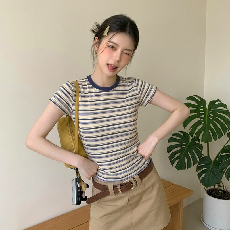 美式辣妹修身上衣女圆领