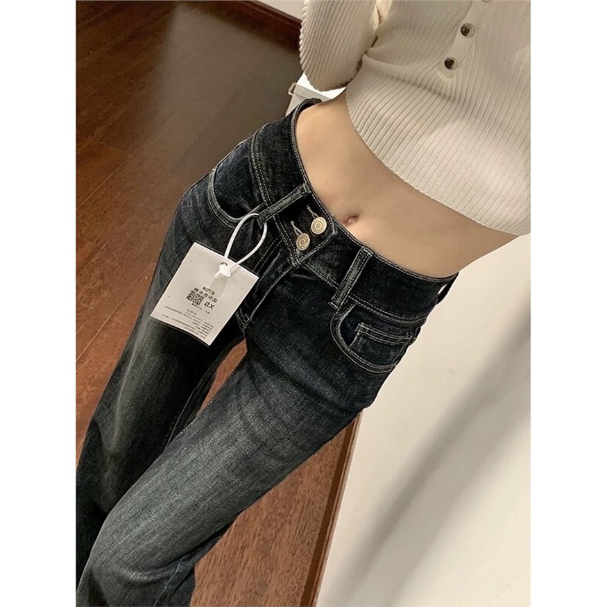 美式复古微喇牛仔裤女秋