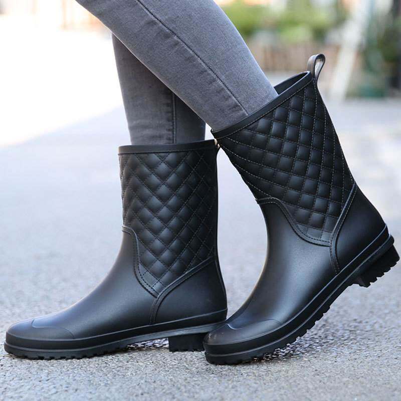 水鞋胶鞋防滑中筒格子女式时尚雨鞋保暖耐磨休闲成人雨靴