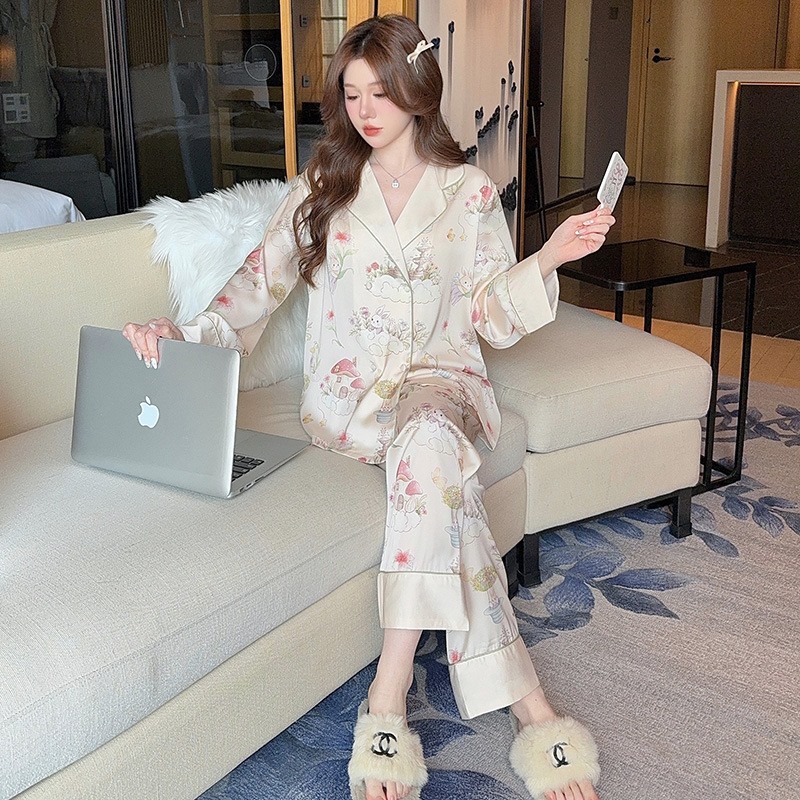 维多利亚真丝睡衣女长袖家居服