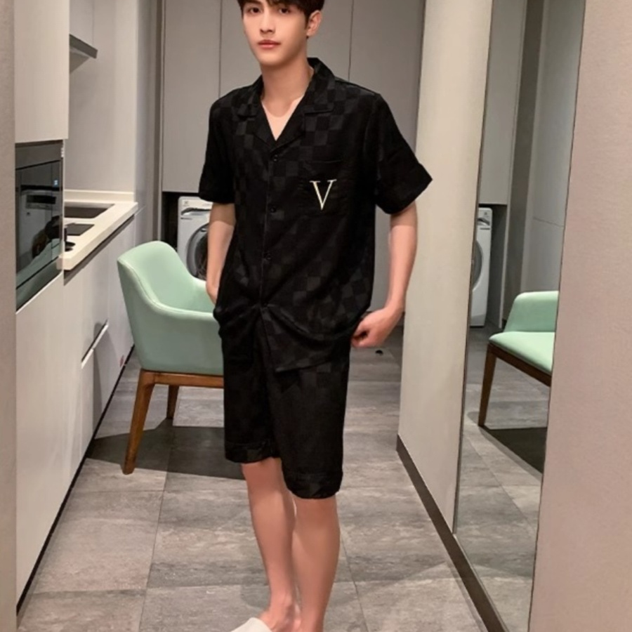 维多利亚真丝睡衣男短袖短裤套装