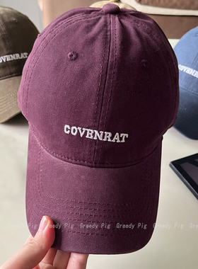 新款小众潮字母水洗棉做旧鸭舌帽男女大头围宽檐显脸小紫色棒球帽