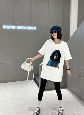 灰色小狗装饰短袖t恤280斤女2024冬季正肩磨毛款内搭打底半袖上衣