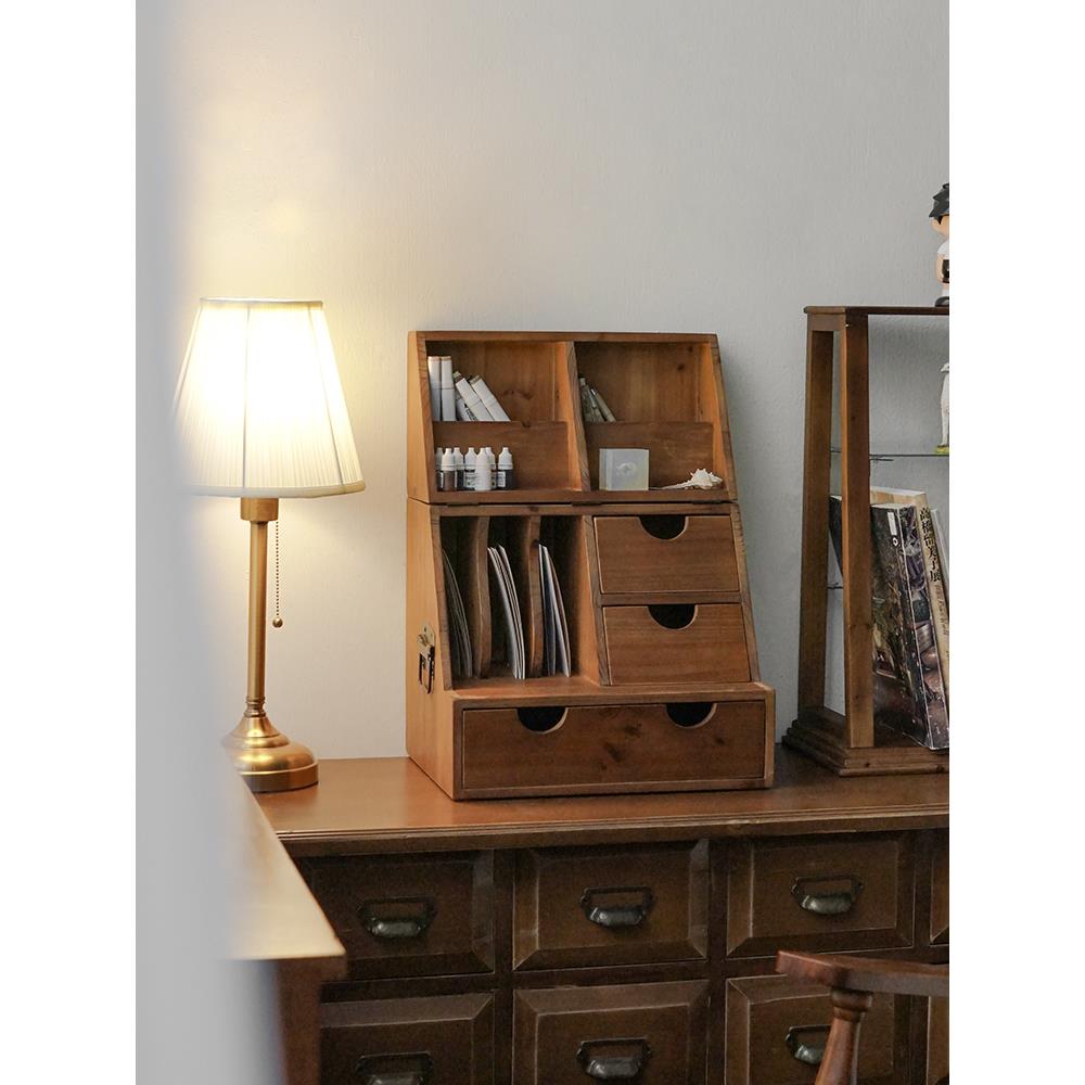 木质桌面收纳柜手账文具整理箱陈列柜多功能置物柜复古翻盖手提箱