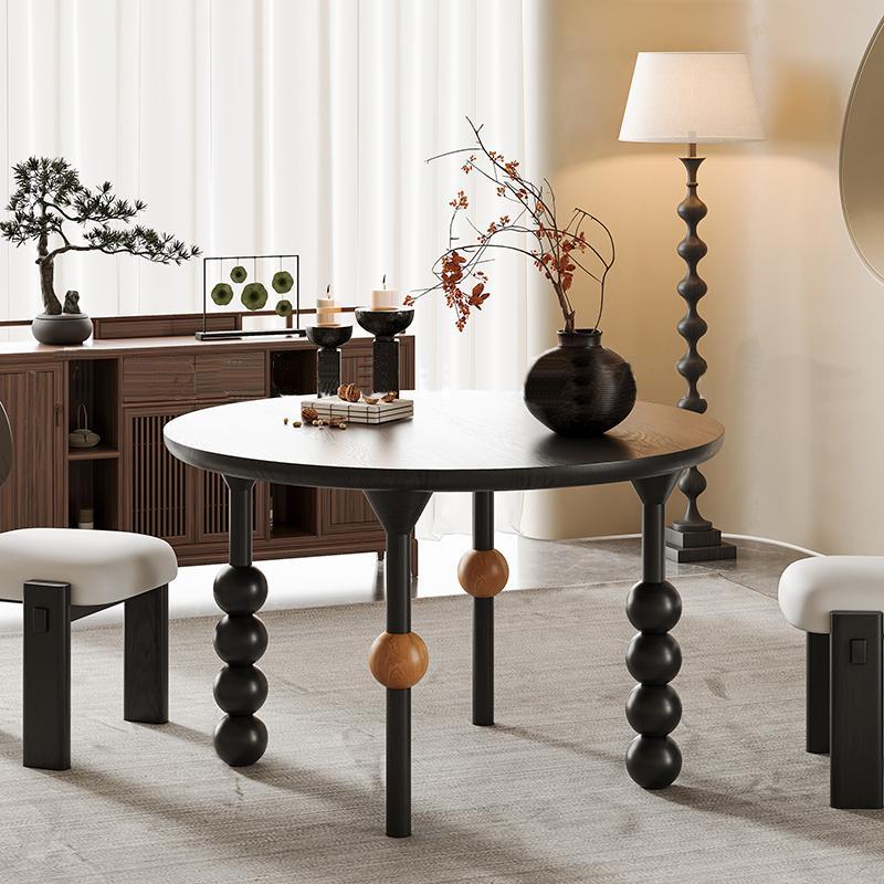 中古侘寂风圆形实木餐桌法式复古饭桌家用小户型原木白蜡木圆餐桌