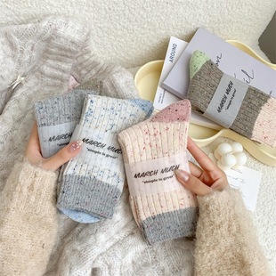秋冬粗线袜子女韩国东大门拼色点子纱羊绒加厚保暖羊毛中筒堆堆