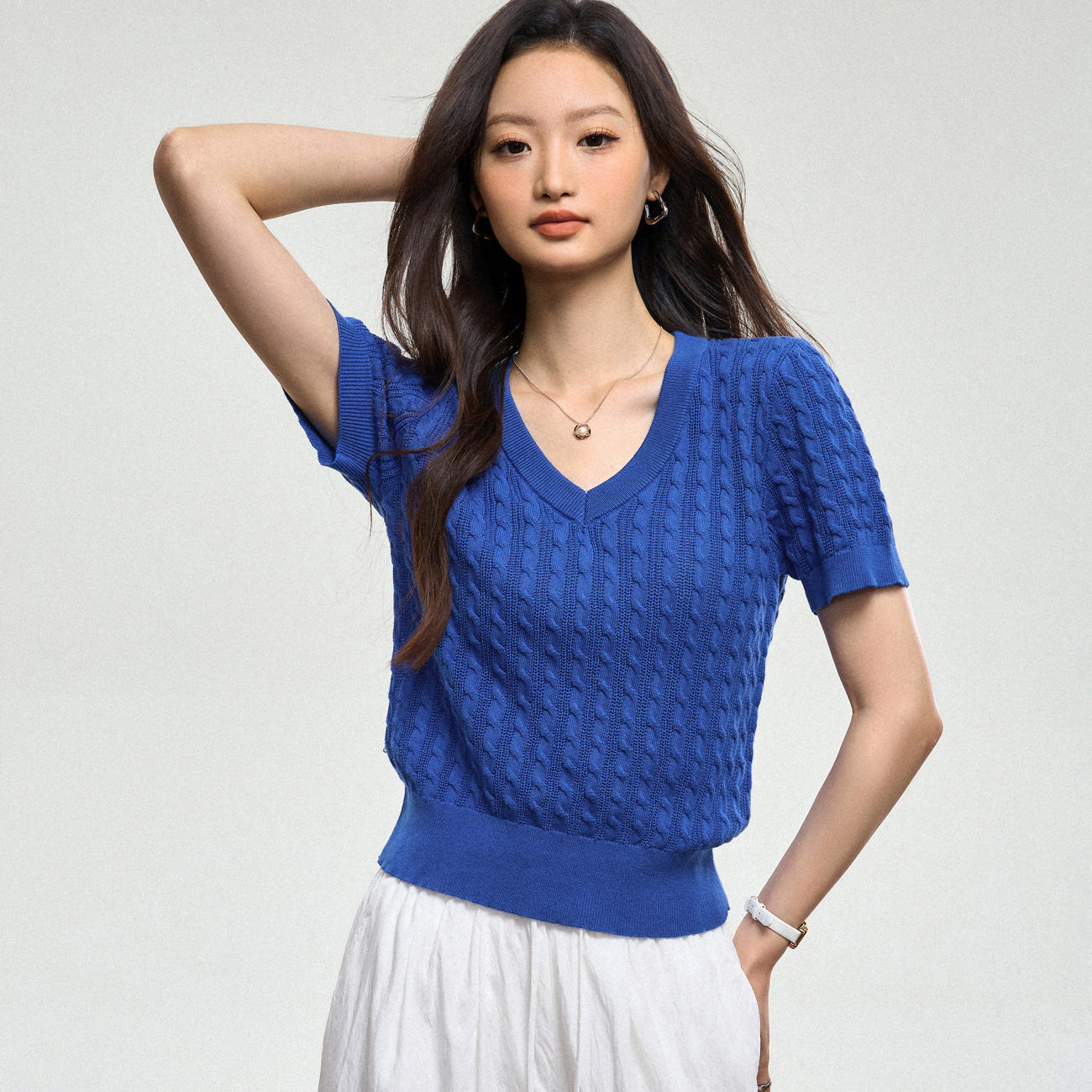 100%棉麻花针织衫V领女夏2026新款韩系简约宽松百搭显瘦短袖上衣