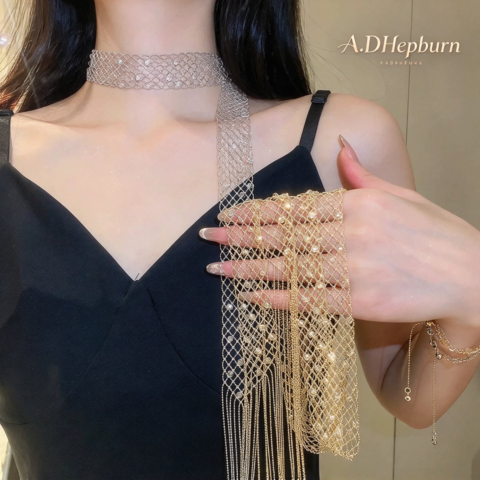 A.DHepburn金色飘带丝巾项链高奢