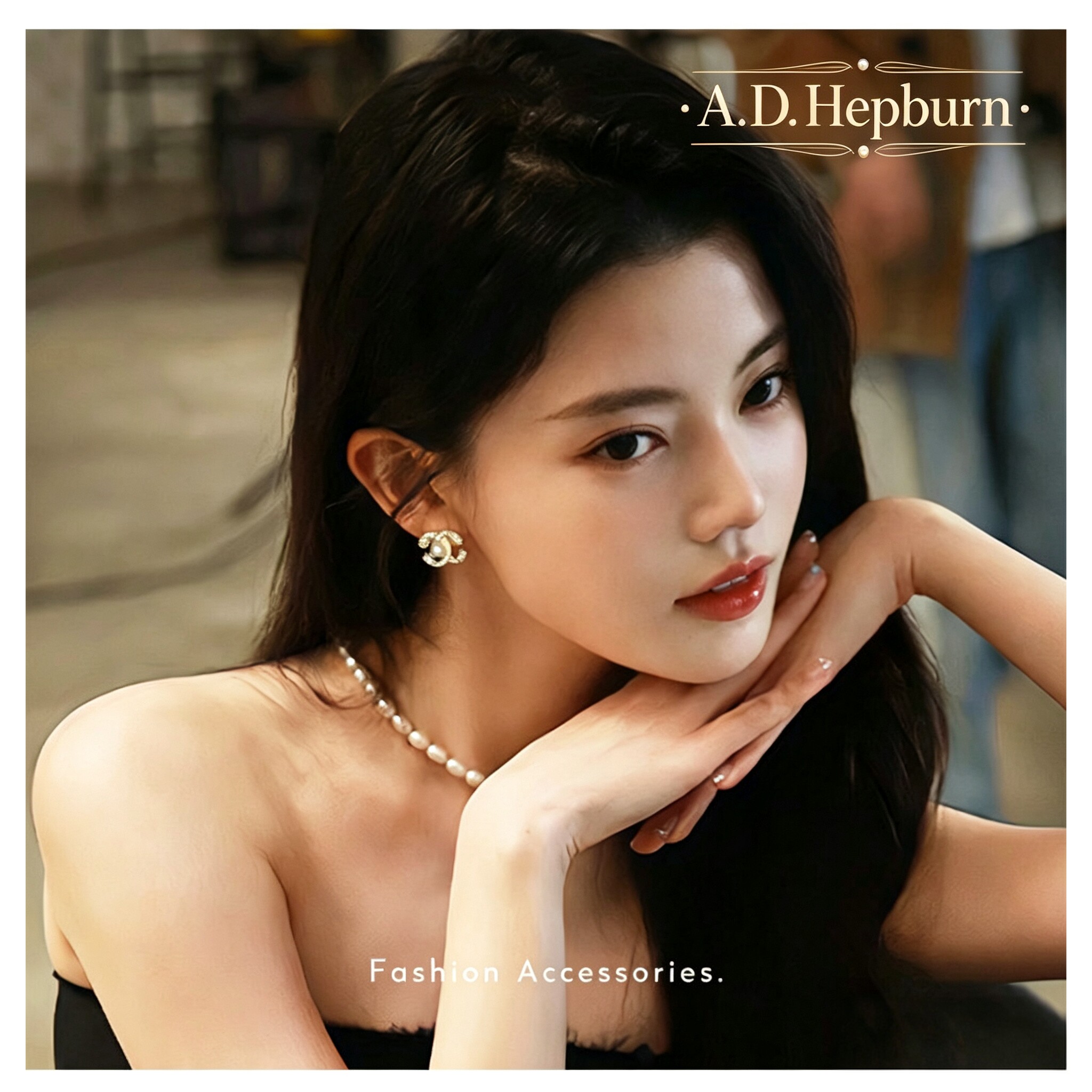A.DHepburn双C珍珠耳夹无耳洞女