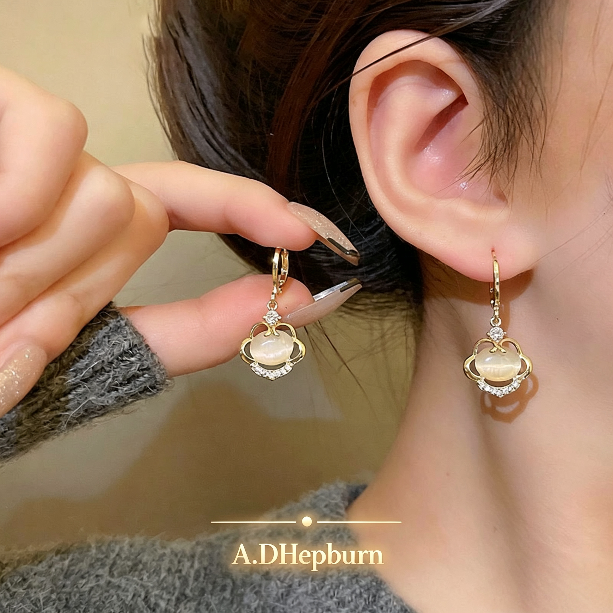 A.DHepburn不掉色猫眼石耳环轻奢