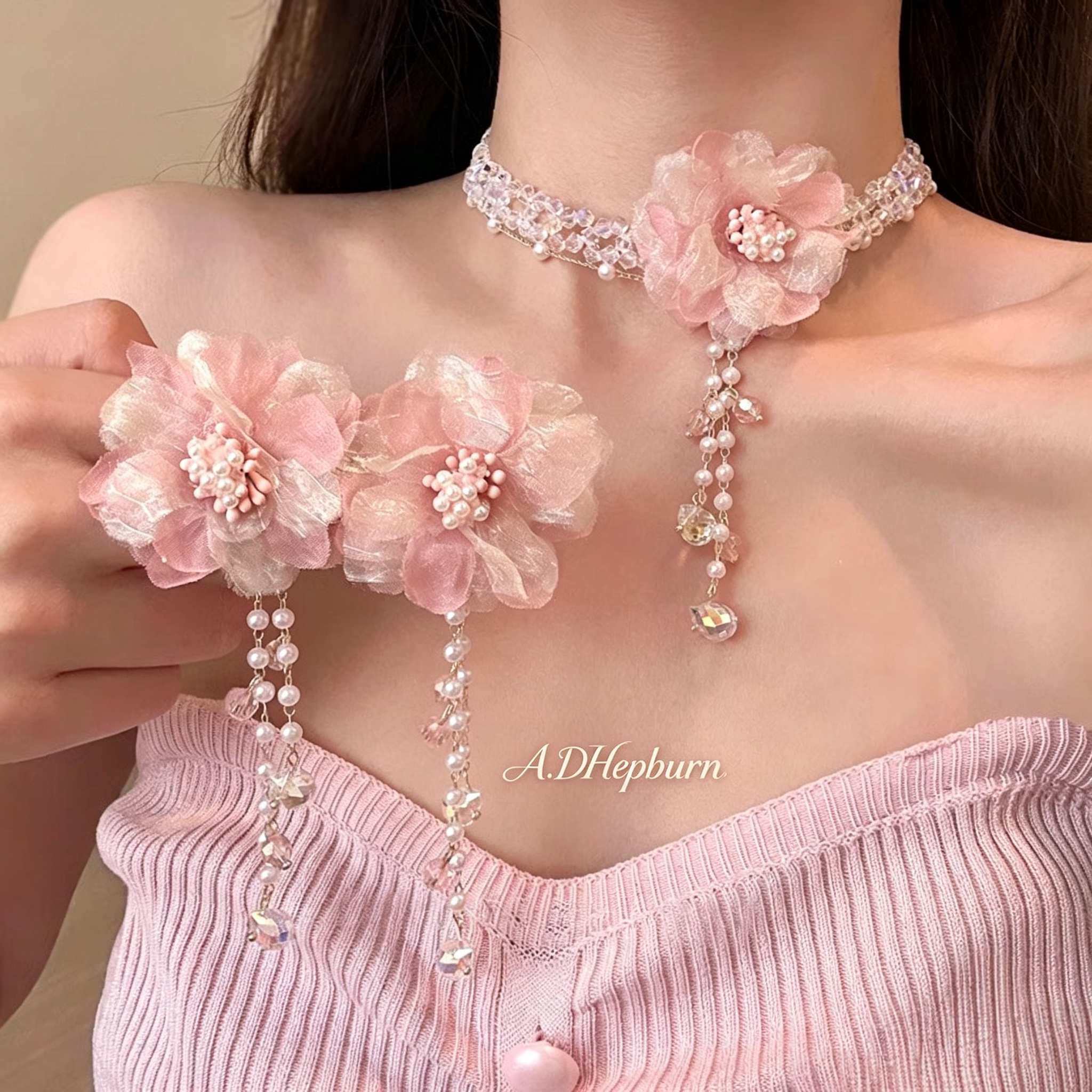 A.DHepburn粉网纱花朵珍珠项链