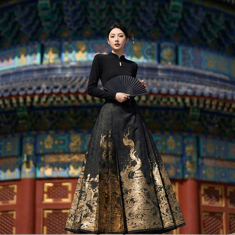 星河汉歌龙龘龘织金马面裙套装女冬新中式黑明制汉服日常2026新款,女装/女士精品,汉服半身裙,淘宝优惠券,粉丝福利购,淘宝优惠卷