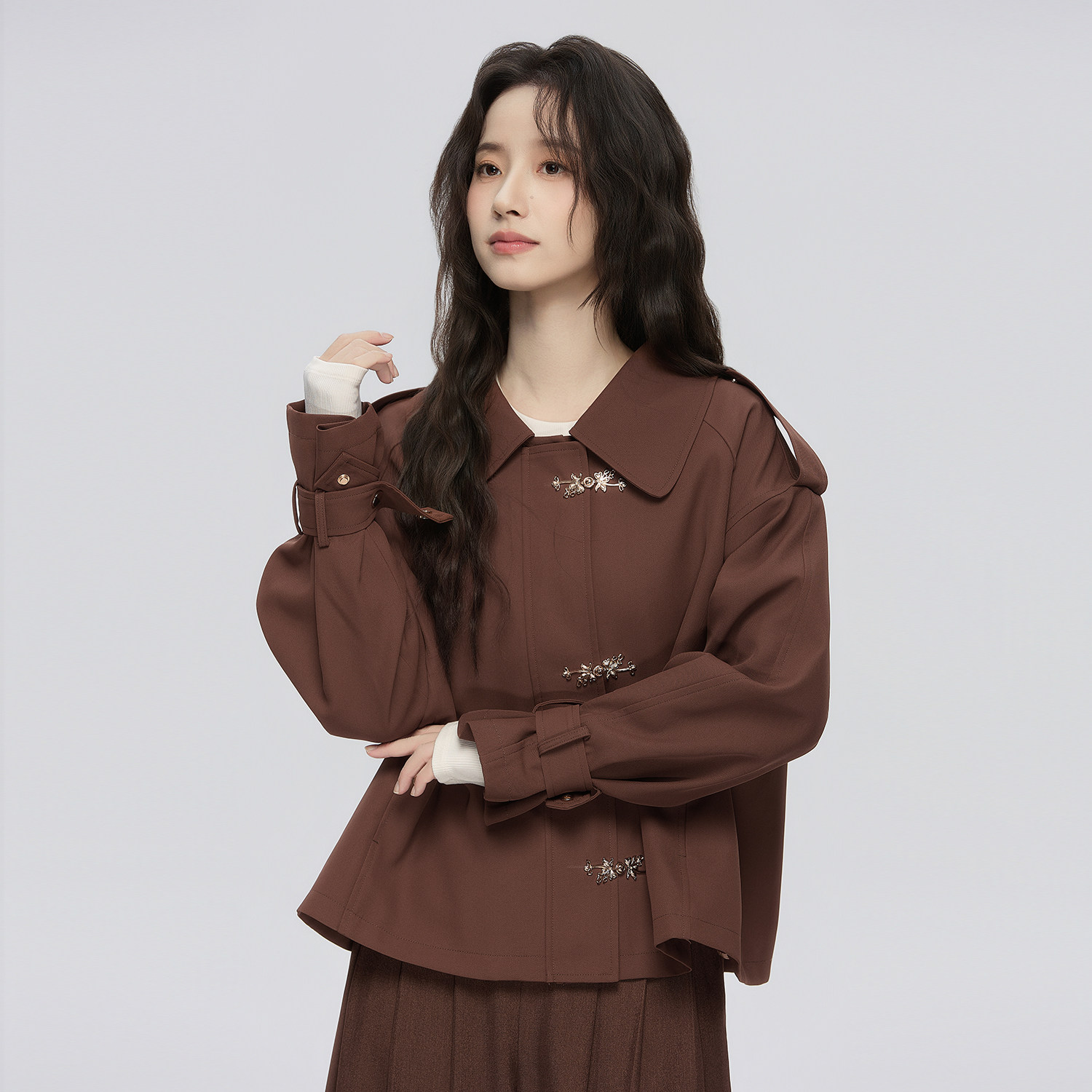 星河汉歌松烟2026新款冬女新中式国风棕色夹克外套百搭短款高级感,女装/女士精品,汉服上装,淘宝优惠券,粉丝福利购,淘宝优惠卷