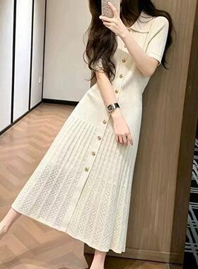 法式高级感米杏色翻领连衣裙女2026夏新款气质通勤单排扣a字长裙