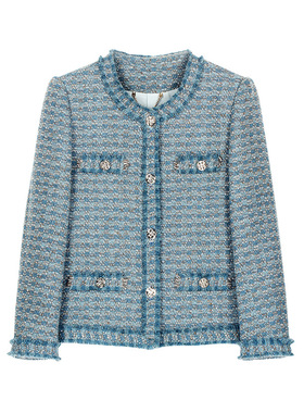 时髦高级感优雅蓝色名媛小香风粗花呢编织羊毛外套25191