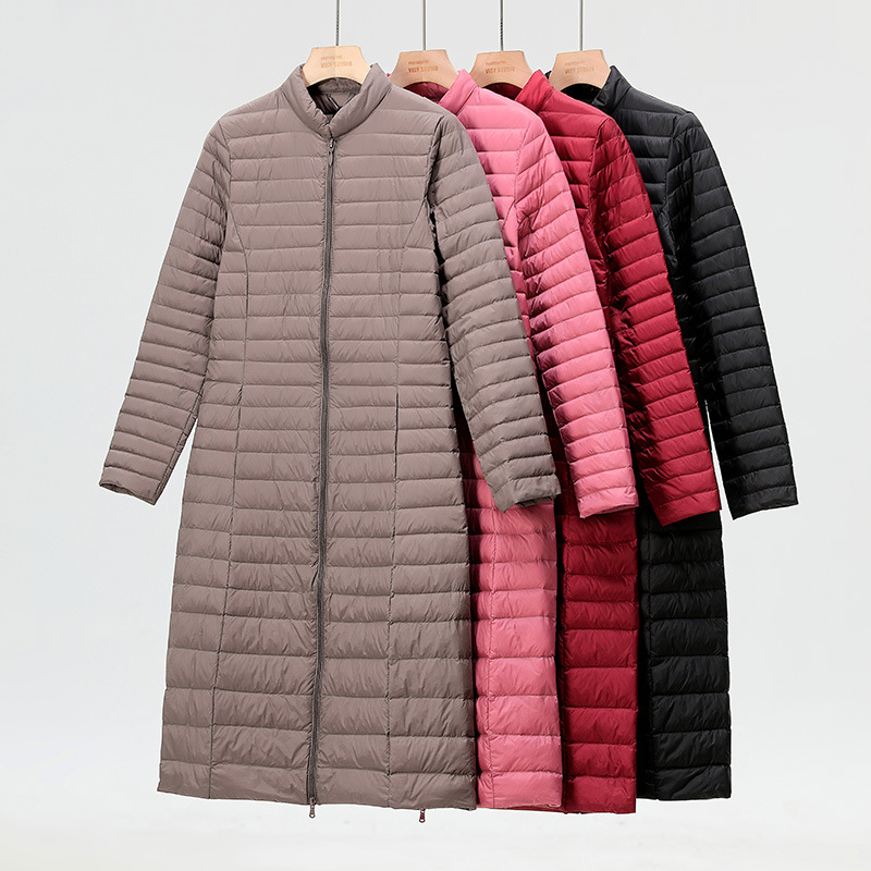 跨境2025秋冬新款轻薄款羽绒服女加长款立领过膝修身显瘦外套大码