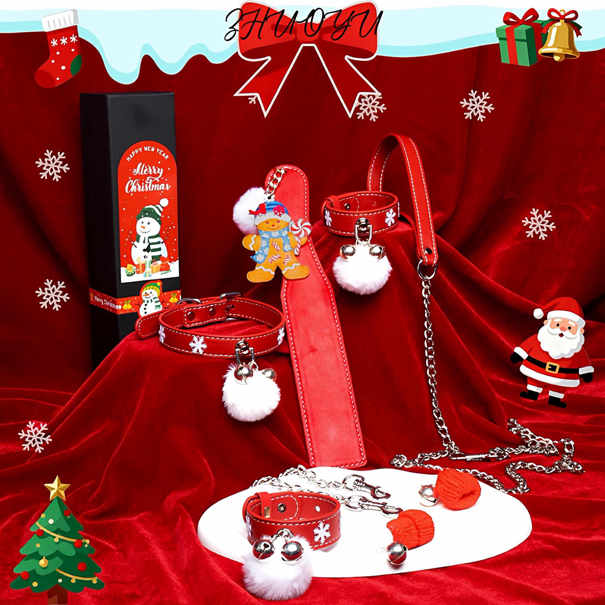 灼欲*圣诞皮拍手环套装礼物项圈毛绒choker雪花铃铛项链皮质脖圈