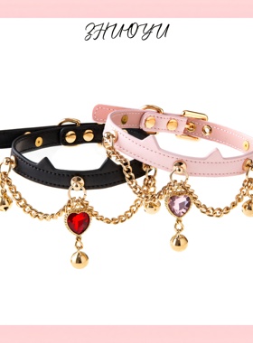 灼欲*原创手作铃铛猫耳choker可爱项圈三链条钻石chocker真皮颈环