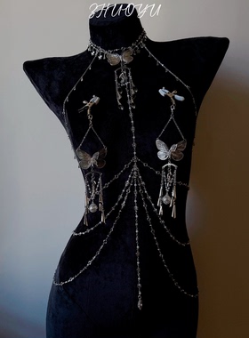 灼欲*轻奢高级感蝴蝶水钻身体链项圈女挂链R夹子饰品项链腰链套装