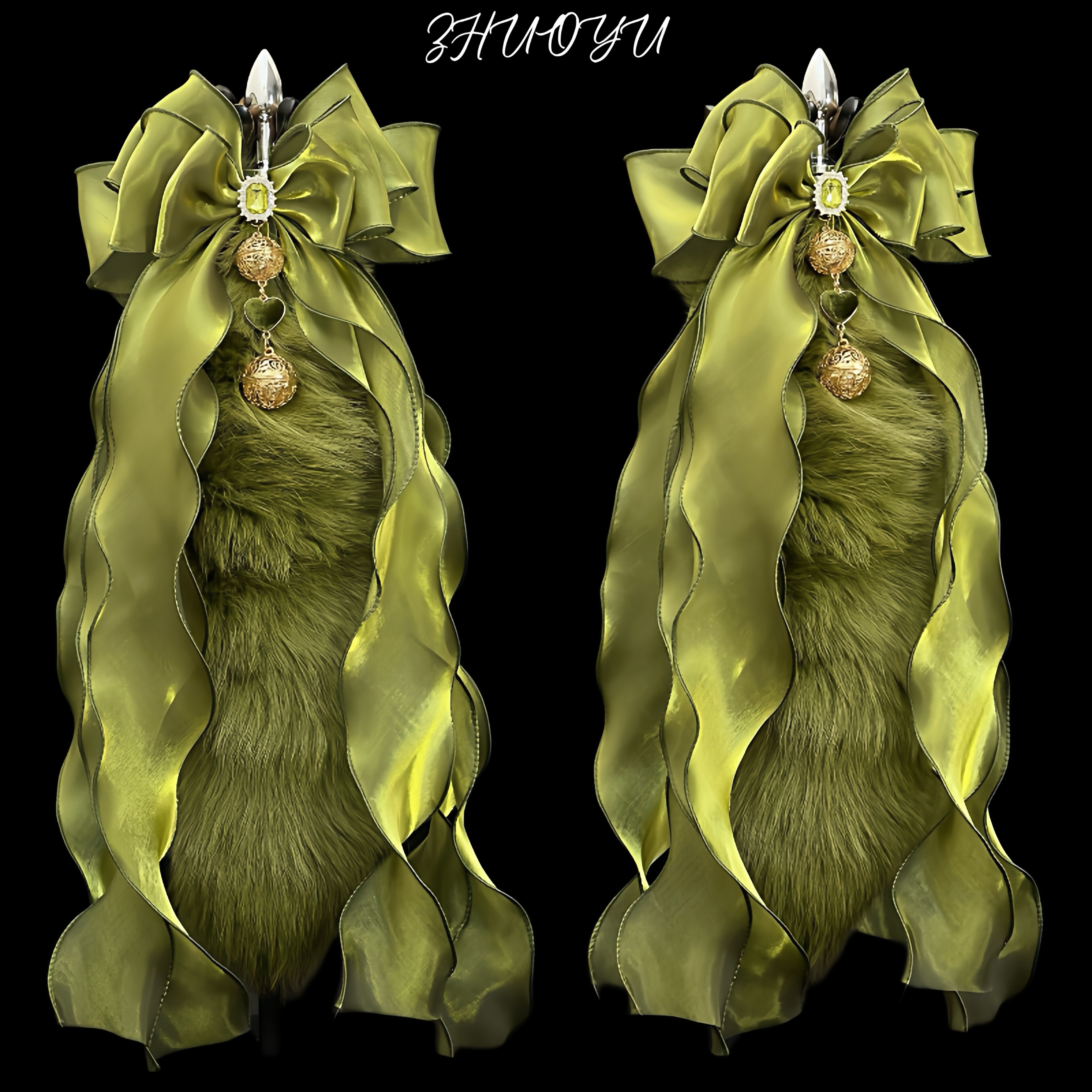 灼欲*原创设计抹茶绿铃铛镶钻蝴蝶结狐狸真毛兽装cosplay穿戴尾巴