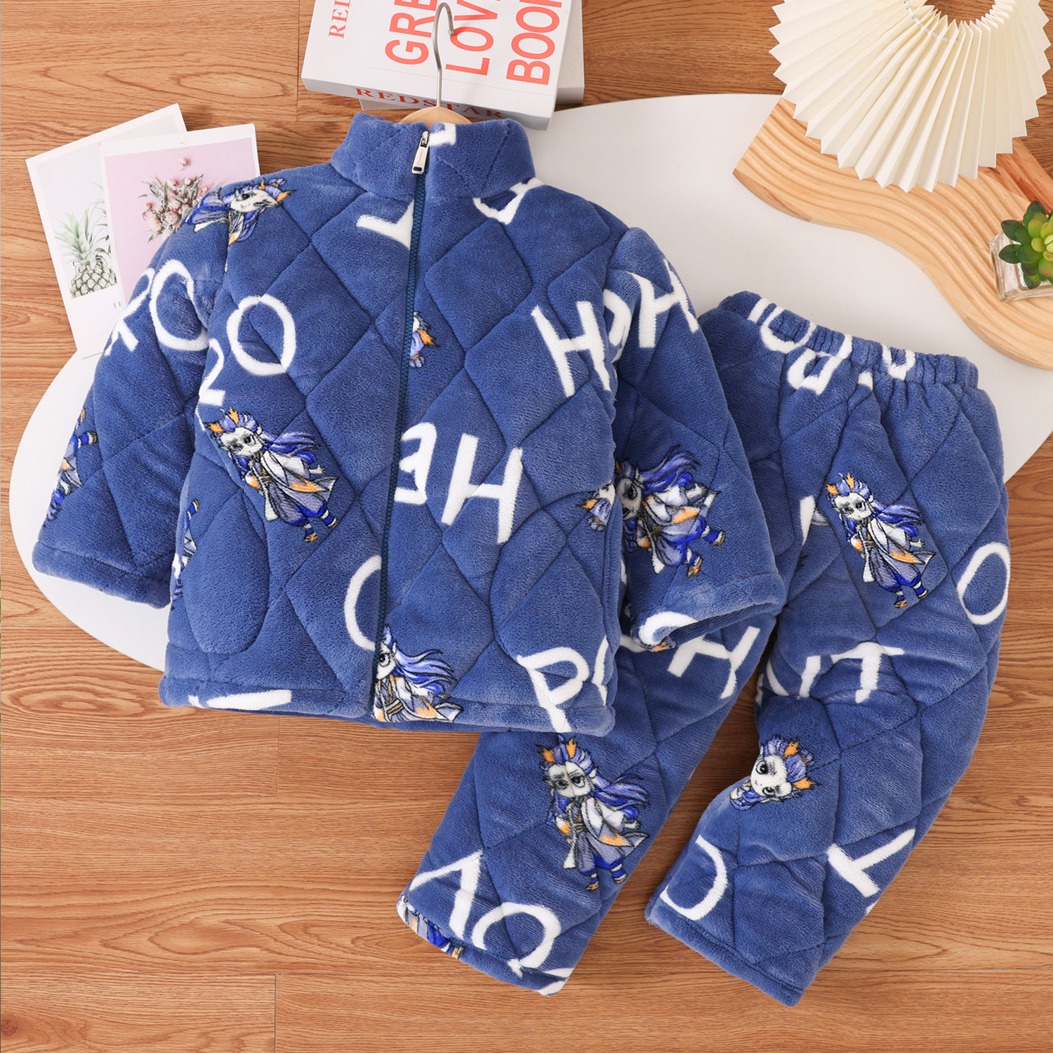 冬季儿童睡衣加厚款珊瑚绒男童男孩拉链法兰绒敖丙三层夹棉家居服