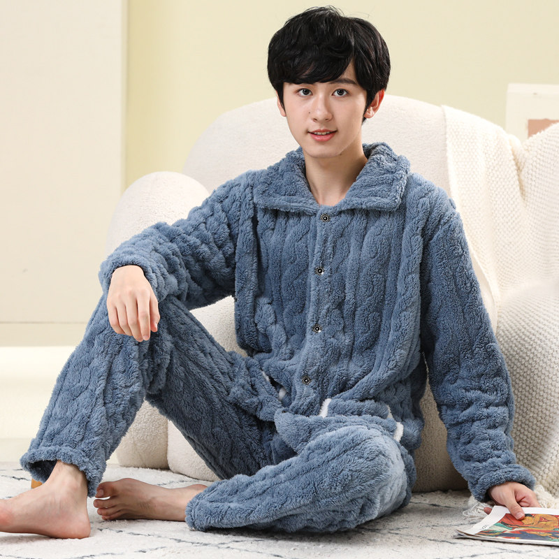 秋冬季大童法兰绒男童加厚款家居服青少年珊瑚绒睡衣男生男孩套装