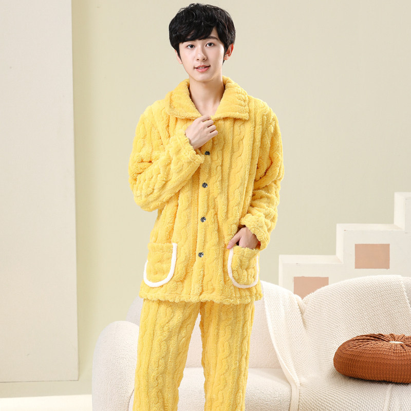 秋冬季青少年珊瑚绒睡衣男生男孩套装大童法兰绒男童加厚款家居服