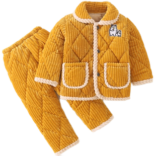 冬季儿童睡衣加厚法兰绒家居服套装男童小女孩三层夹棉加绒珊瑚绒