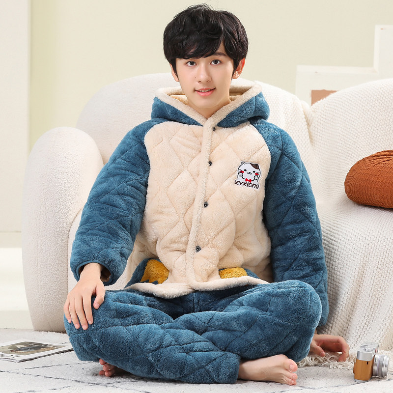 冬季青少年夹棉男孩套装大童珊瑚绒睡衣男童加厚三层法兰绒家居服