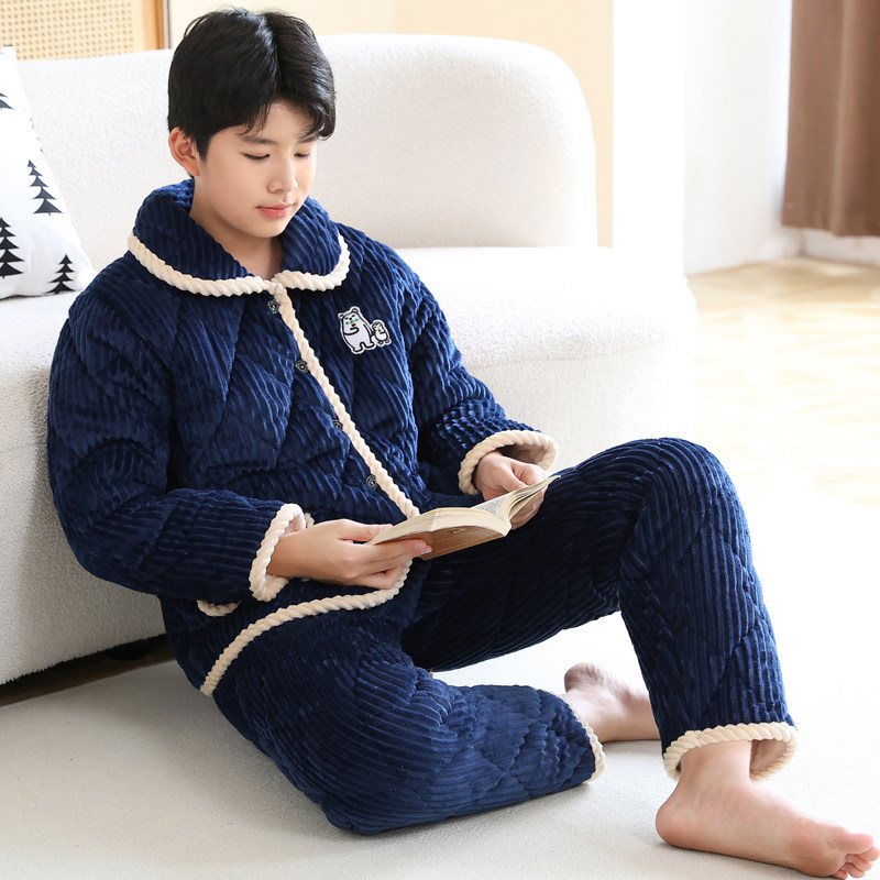 冬季青少年大童珊瑚绒睡衣男童加厚三层法兰绒家居服夹棉男孩套装