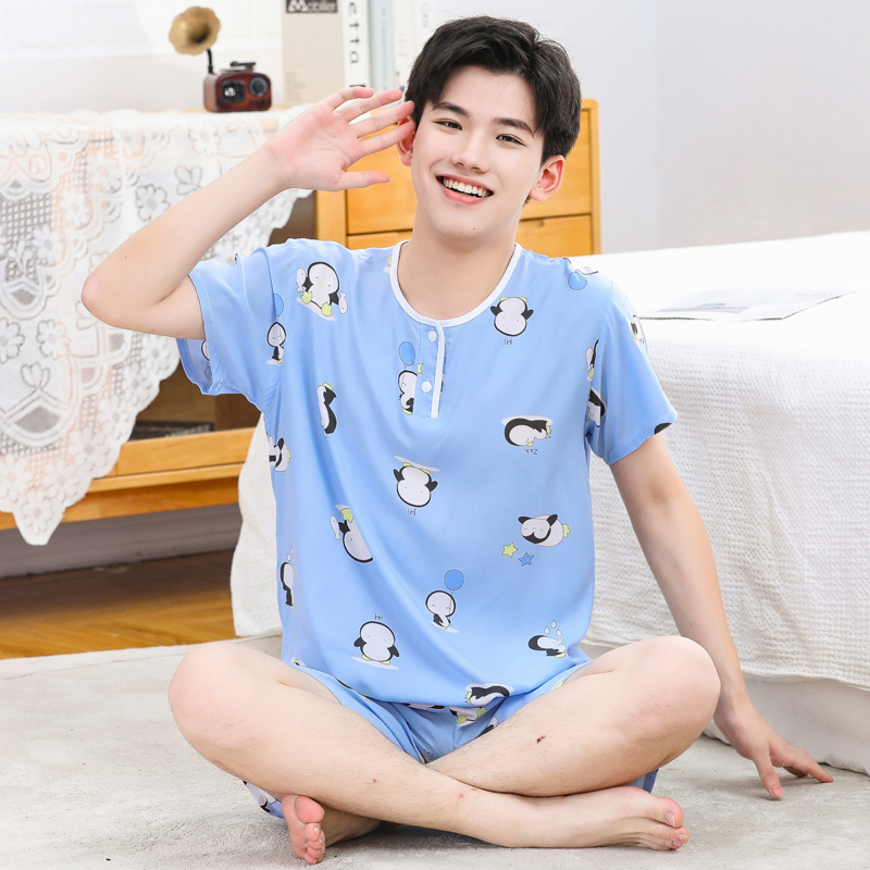 夏季男童短袖人造棉中学生大童家居服青少年薄款棉绸睡衣绵绸套装