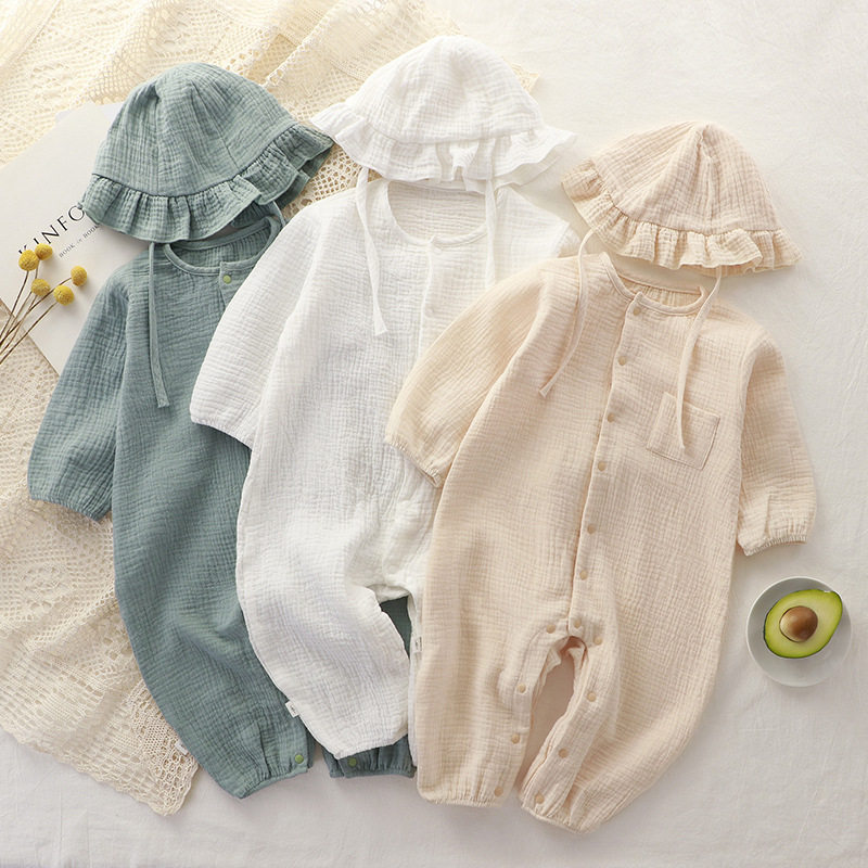 2-FOLD AREA: BRAND CABINET FOR INFANTS SPRING AND AUTUMN AND SUMMER LONG CLOTHES COTTON SOLID GAUZE ONESIES PAJAMAS