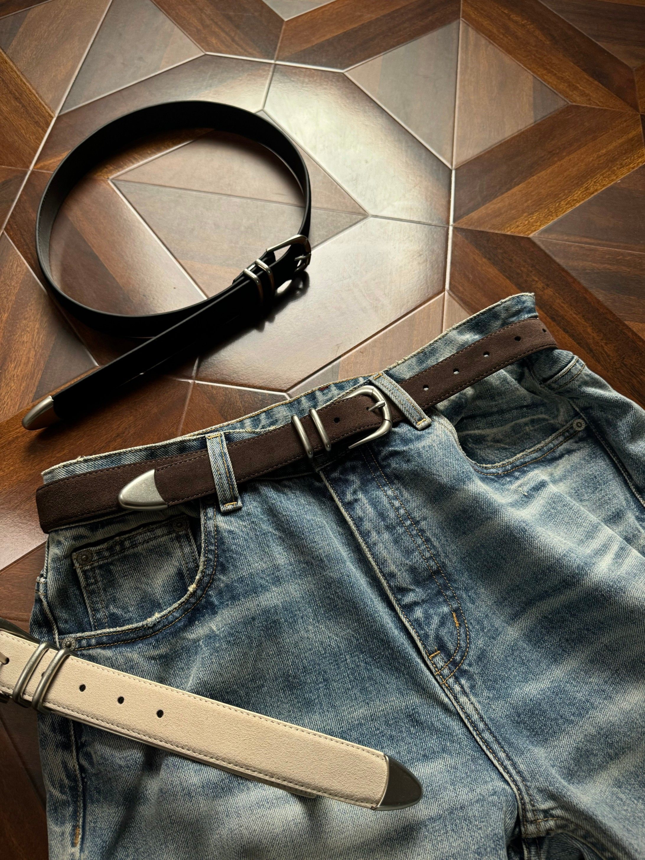 thumbnail for Oclin Basic Minimalist Commuter Belt 2.0 Real Brushed Matte Suede Double Lock Ring Tricolor