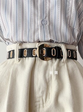 高级感新款小众全孔免打孔皮带黑色女时尚百搭配牛仔裤装饰腰带细