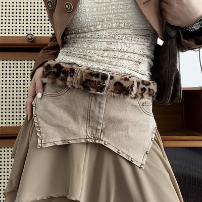豹纹毛绒腰带配牛仔裤装饰皮带