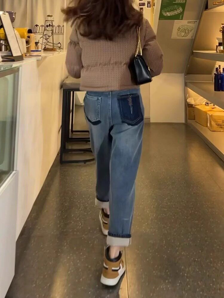 HIGH-WAISTED VELVET STRAIGHT-LEG JEANS WOMENS AUTUMN AND WINTER NEW PEAR-SHAPED BODY PLUS-SIZE SMALL MAN SKINNY HARLAN DAD PANTS