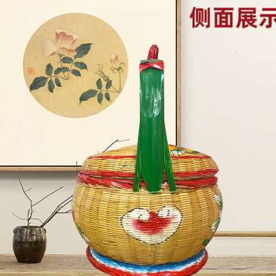 潮汕纯手工彩绘竹篮竹编篮子结收纳蓝储物篮婚嫁花篮传统竹艺摆件