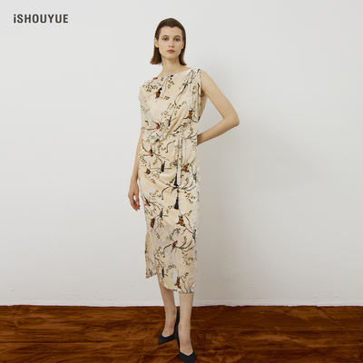 丝绒烧花侧开叉连衣裙