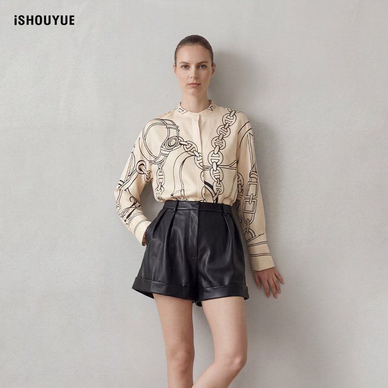 iSHOUYUE · 布列塔尼印花立领衬衫弹力腰印花阔腿裤老钱风套装