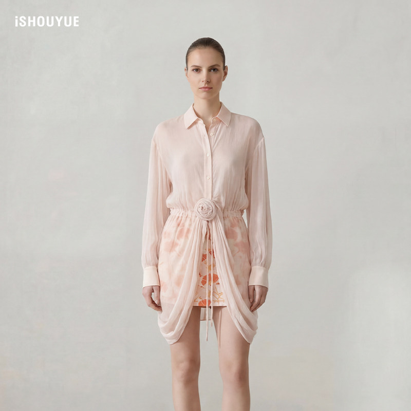 iSHOUYUE · 一叶粉笺乔其纱印花长袖轻薄衬衫裙
