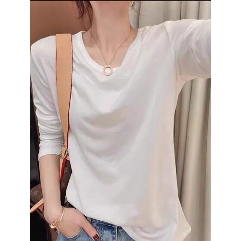 大码白色正肩长袖T恤女2026春季宽松百搭纯色内搭显瘦打底衫上衣