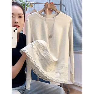 早春必备内搭!蕾丝拼接加绒T恤女宽松显瘦高级感长袖打底衫上衣
