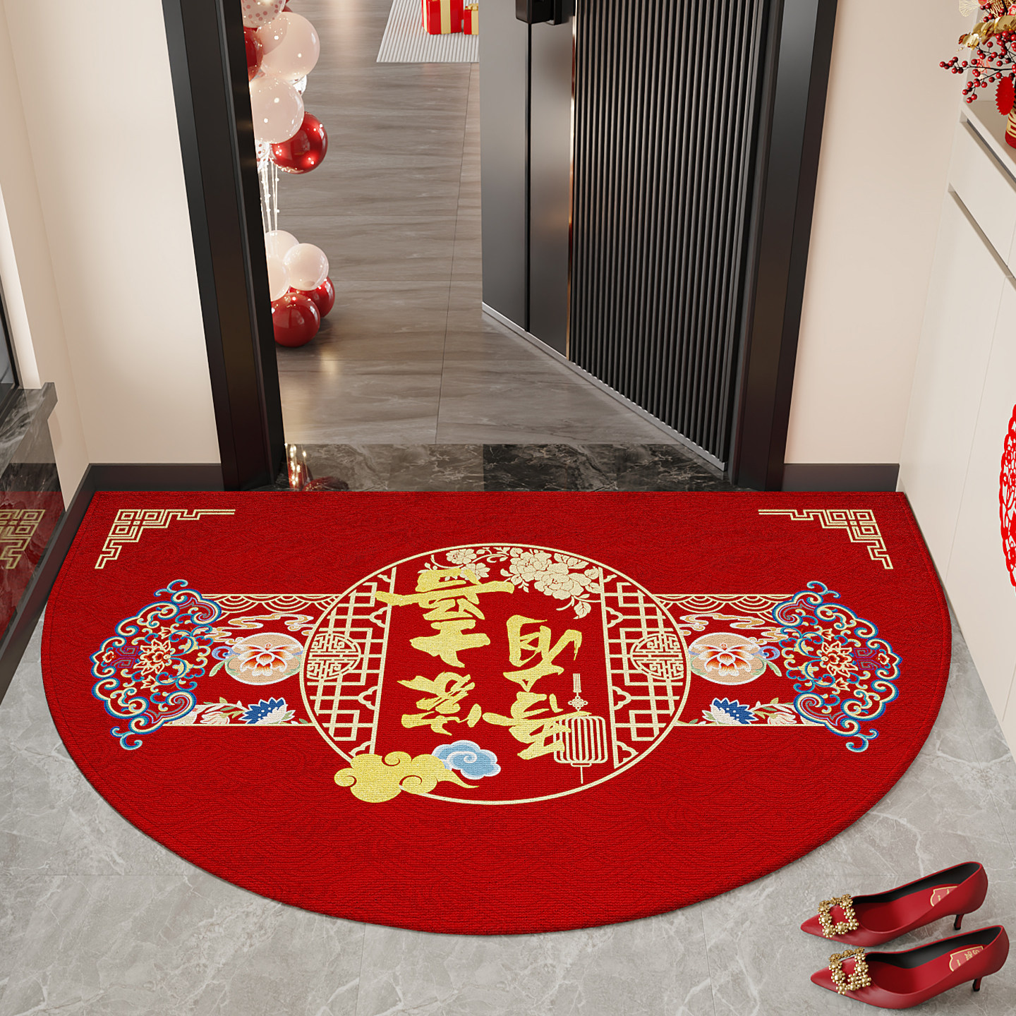 新中式囍字结婚地垫红色玄关地毯婚庆入户门垫婚房进门半圆蹭脚垫,居家布艺,入户地垫,淘宝优惠券,粉丝福利购,淘宝优惠卷